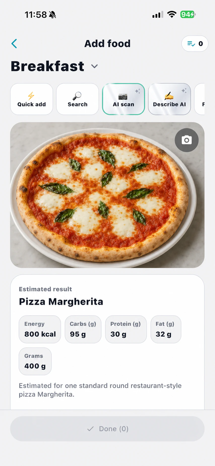 Real Fuelia AI Scan screen showing a nutrition estimate for a Pizza Margherita